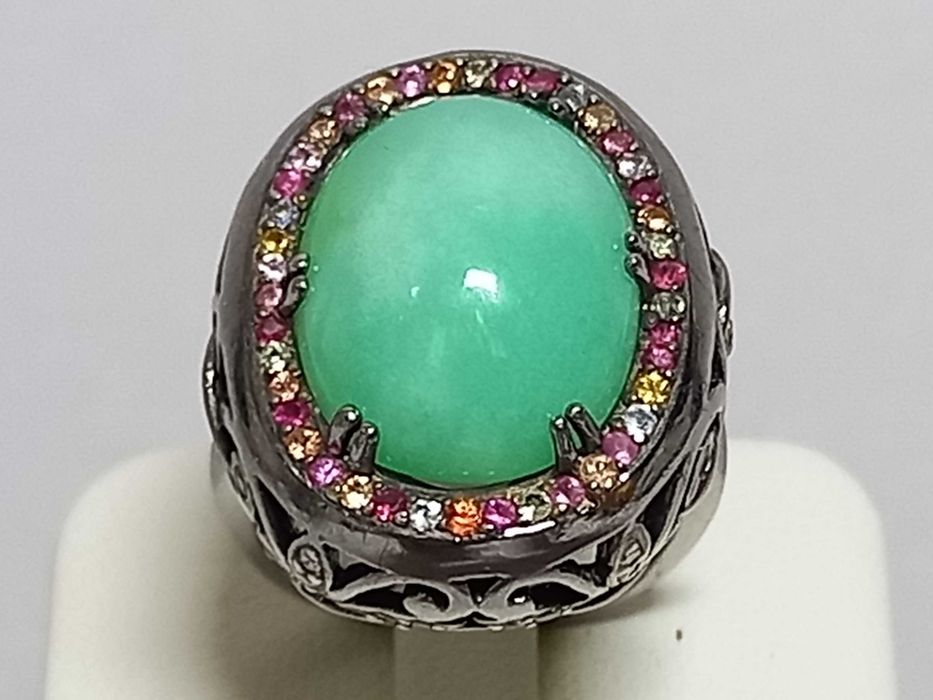 Biżuteria dawna, pierścionek, awenturyn, szafiry, diamenty, srebro 925