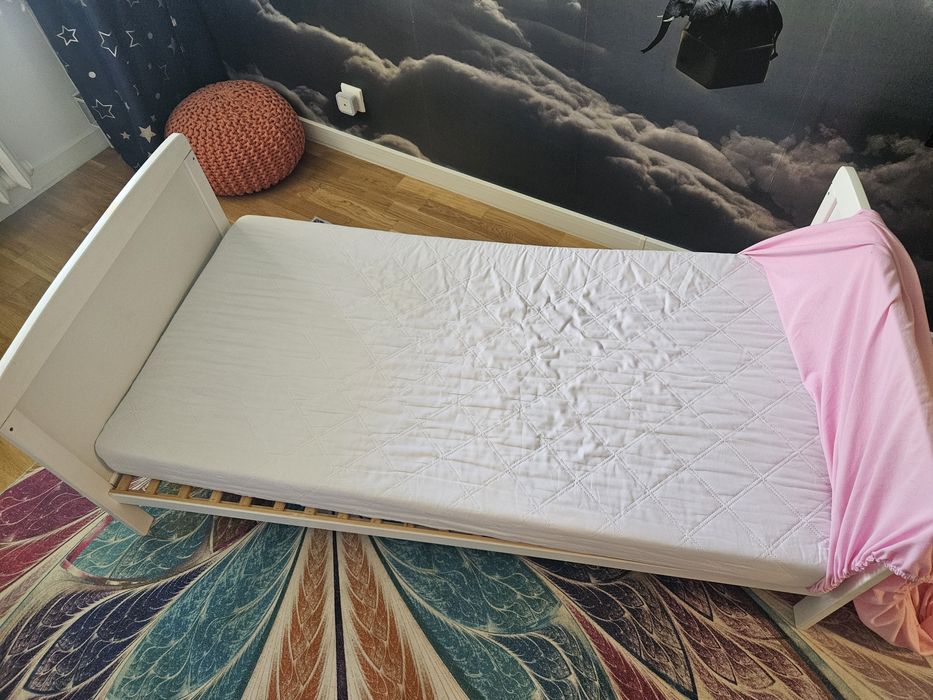 Łóżko łóżeczko dziecięce tapczan 2w1 drewniane białe materac 140x70
