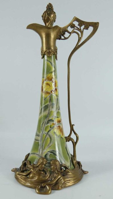 KARAFKA porcelana + BRĄZ secesja dzban kwiat sygnowana