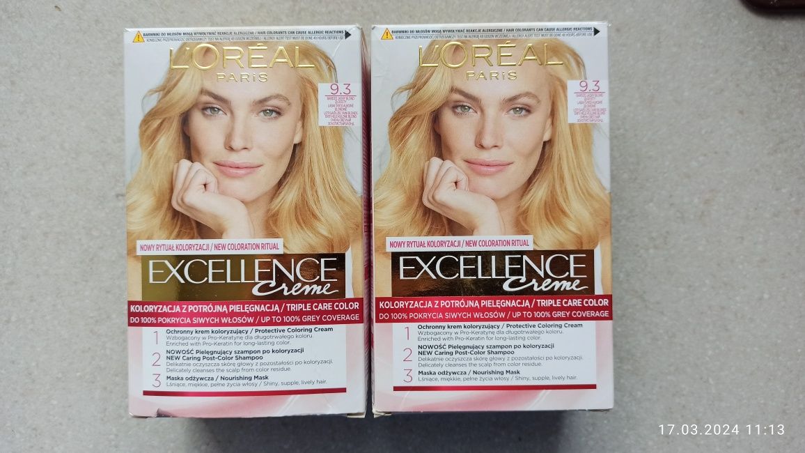 2x L'OREAL Excellence 9.3 Bardzo Jasny Blond Złoty