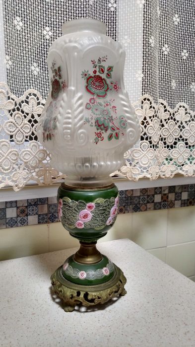 Лампа старинная керосиновая эмаль бронза плафон