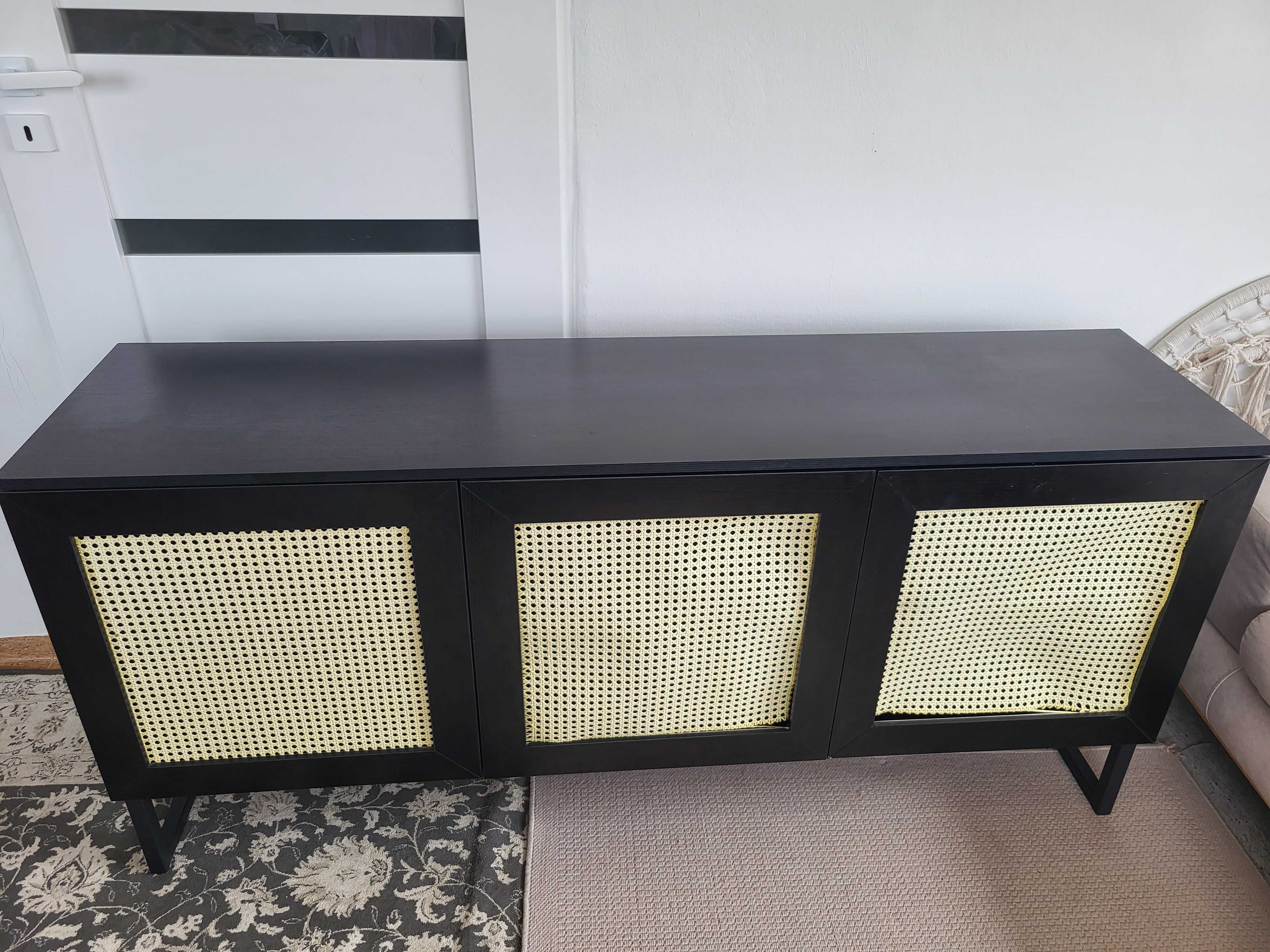 Komoda trzydrzwiowa czarna plecionka wiedeńska rattan 160cm japandi