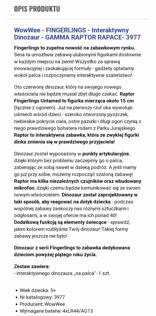 Świetny dinozaur interaktywny na palec Fingerlings Mattel