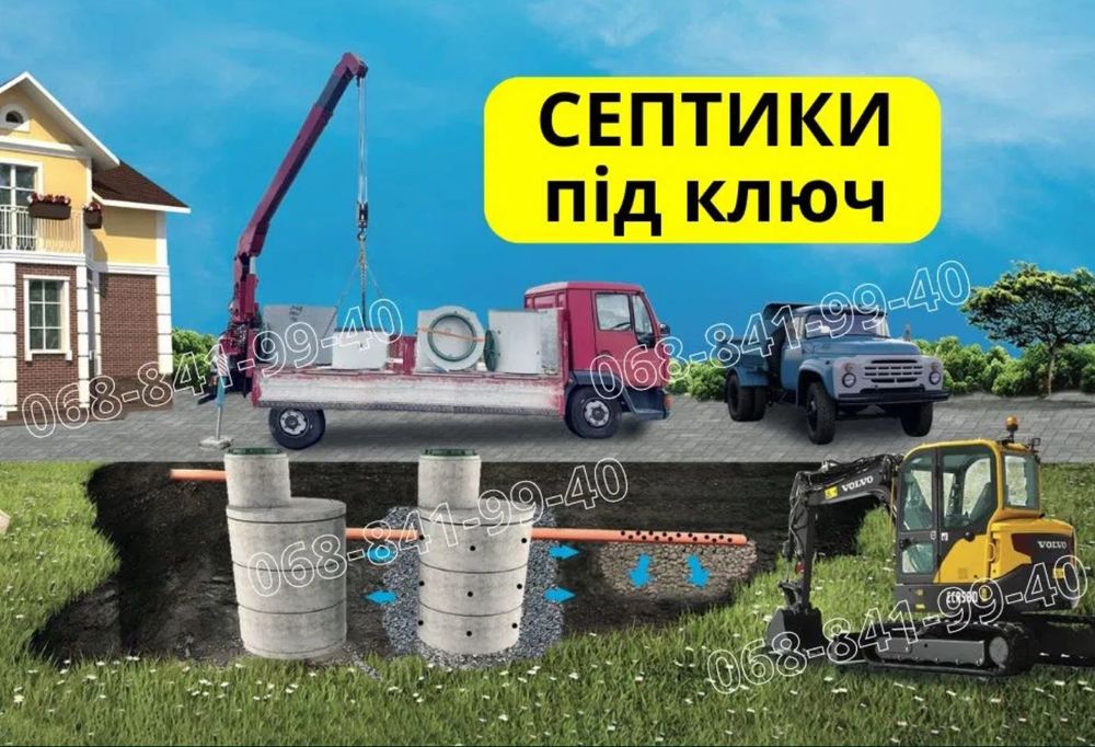 Септики будівництво/ Септик/ Бетонні круги/ Техніка/ Екскаватор