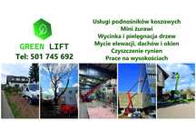 Mycie elewacji i dachów, podnośnik koszowy, mini żuraw, wycinka drzew