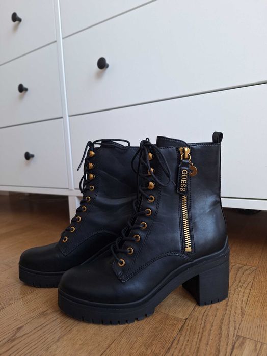GUESS Czarne Botki Sznurowane na Platformie, trapery, guess buty zima