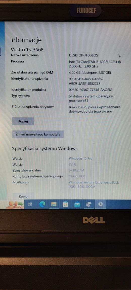 Dell Vostro 15' 3568 i3-6006U/4GB/500 win10P