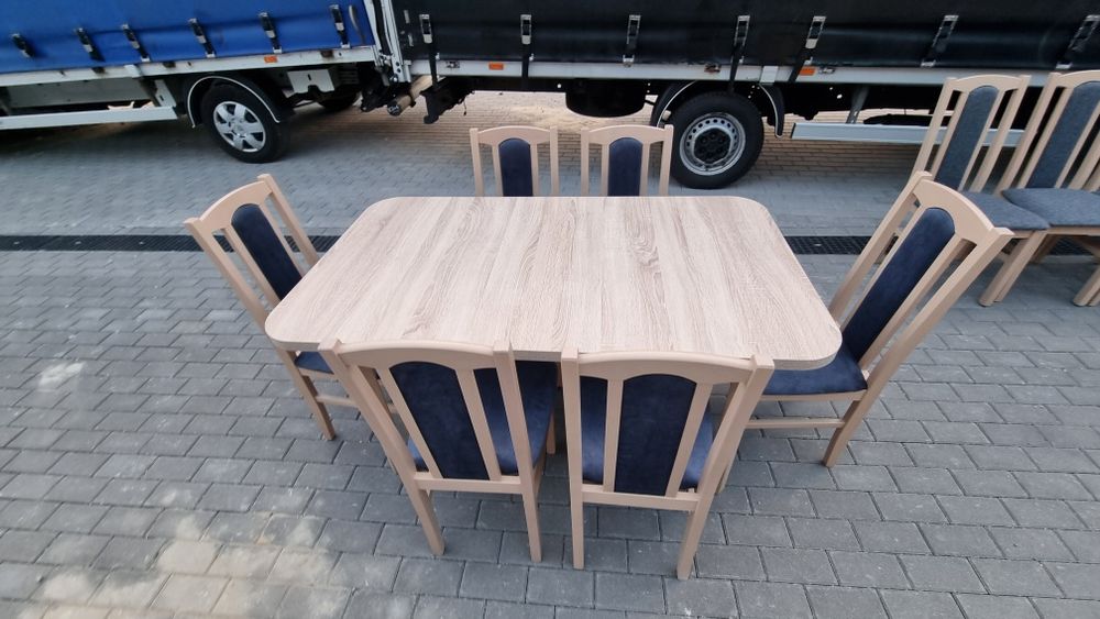 Nowe: Stół 80x140/180 + 6 krzeseł, sonoma + mateliczny granat, transPL