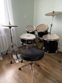 Perkusja Mapex M, twin pearl Eliminator 2002c, talerze, hardware