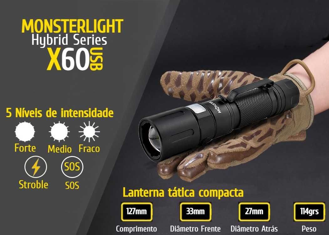 Kit lanterna tática MonsterLight X60 com bateria recarregável