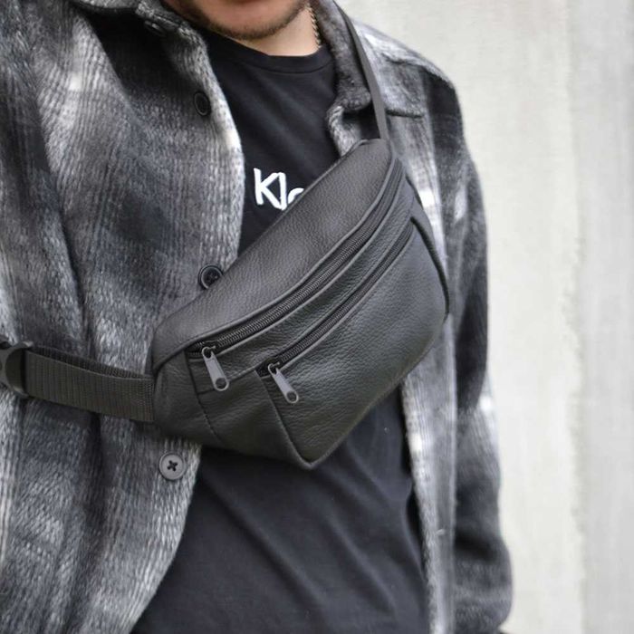 Кожаная качественная бананка. Мужская, черная сумка из кожи.