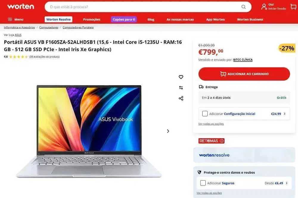 Portátil Asus VivoBook F1605 -  i5-1235U - 16GB - 512GB