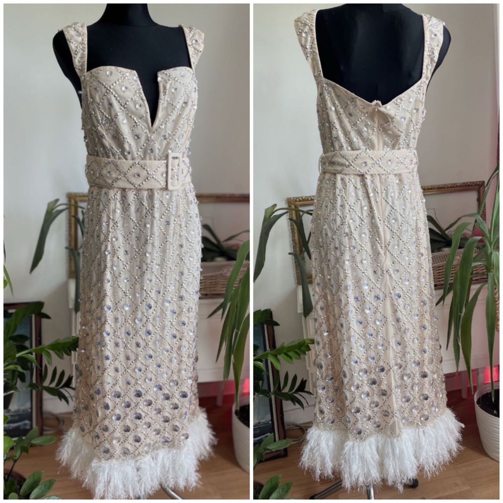 Asos luxe cekinowa sukienka midi midaxi pióra 44 xxl  46 3 xl zdobiona