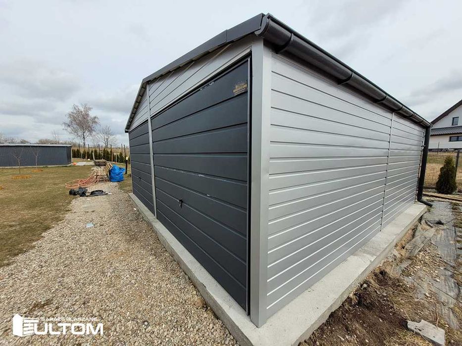 Garaż 5x7m dwuspadowy grafit drewnopodobny podbitka premium