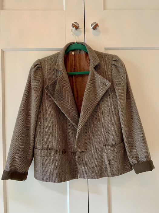 Vintage retro marynarka ramoneska bomberka S wełna pepitka jodełka