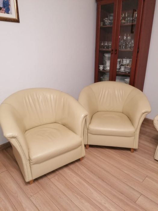 Małe Fotele skórzane, klubowe, skóra, ecru komplet