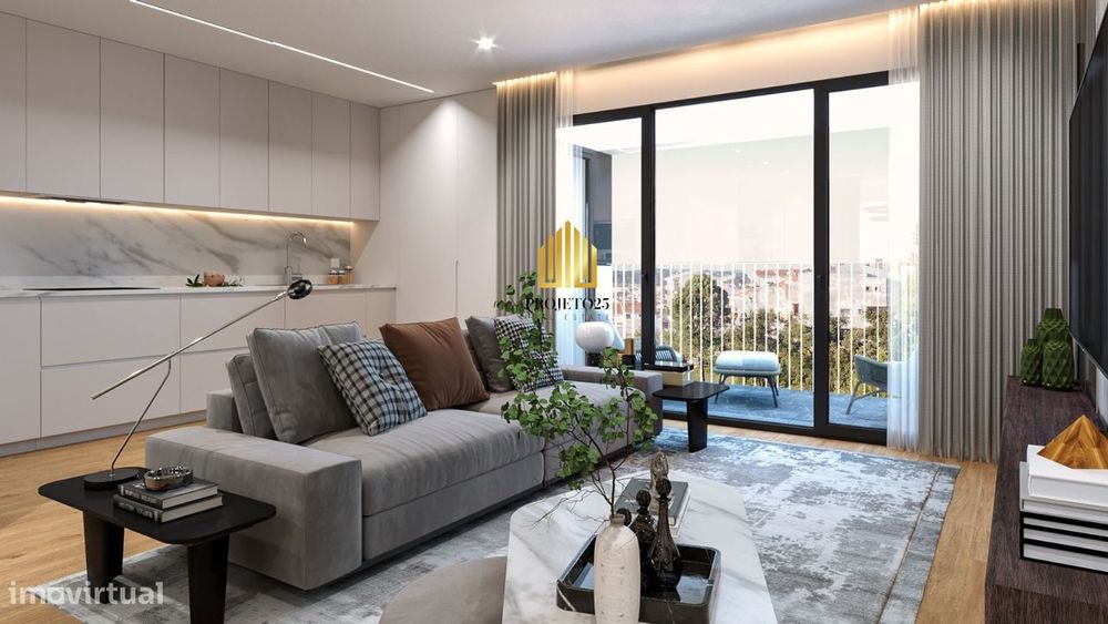 T1 NOVO com Varanda Panorâmica, Garagem em Condº Reservado com Jardins