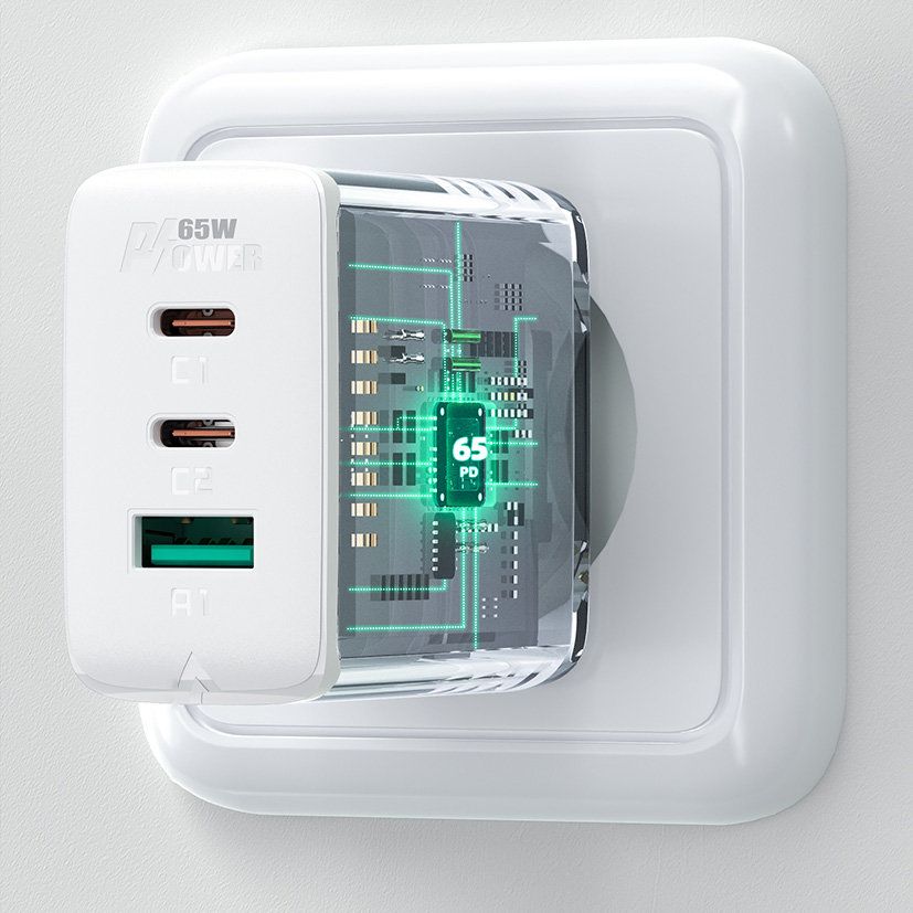 2w1 ładowarka sieciowa 2x usb-c usb 65w + kabel usb-c biały