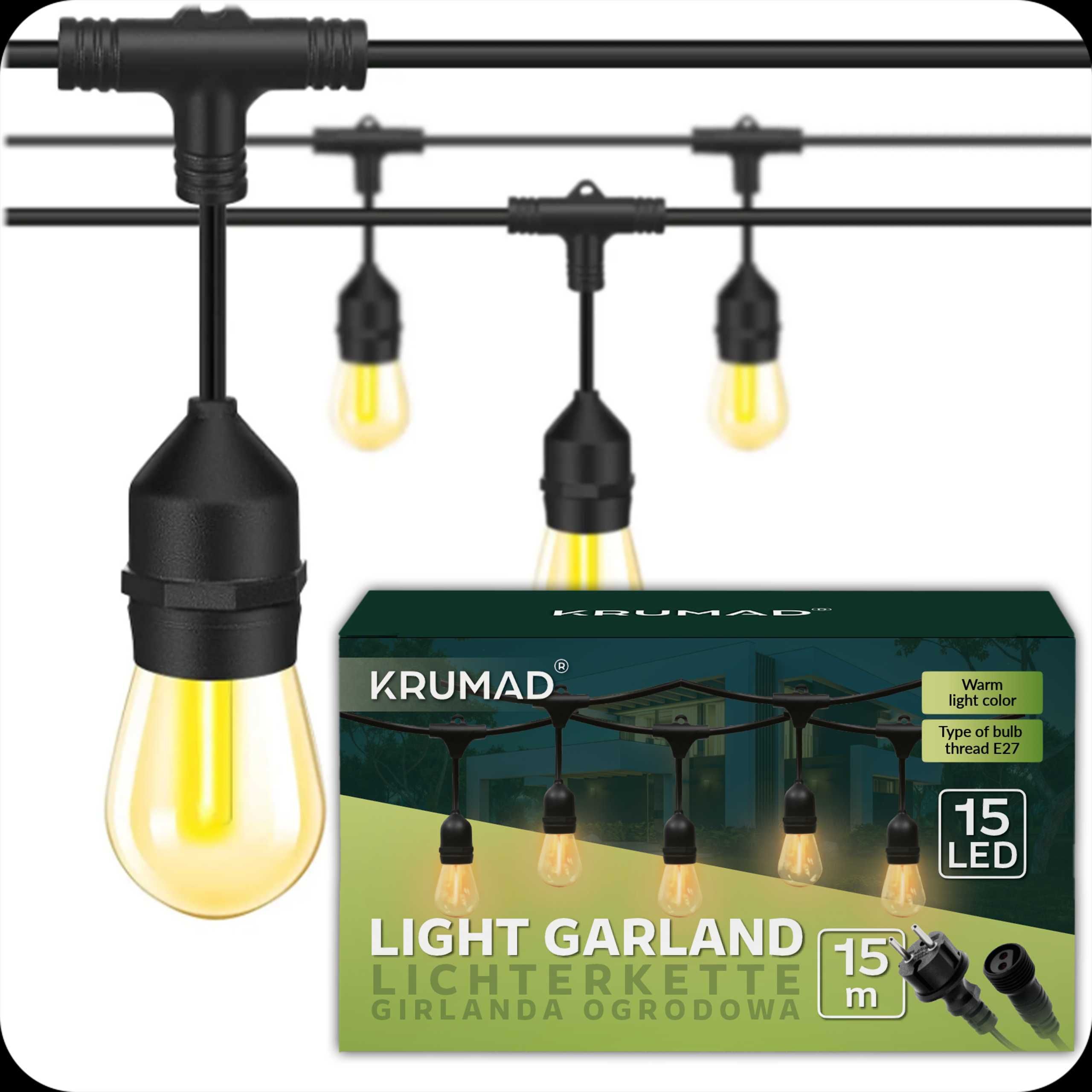 girlanda ogrodowa led świetlna lampki ogrodowe 15m x e27 żarówka 1w