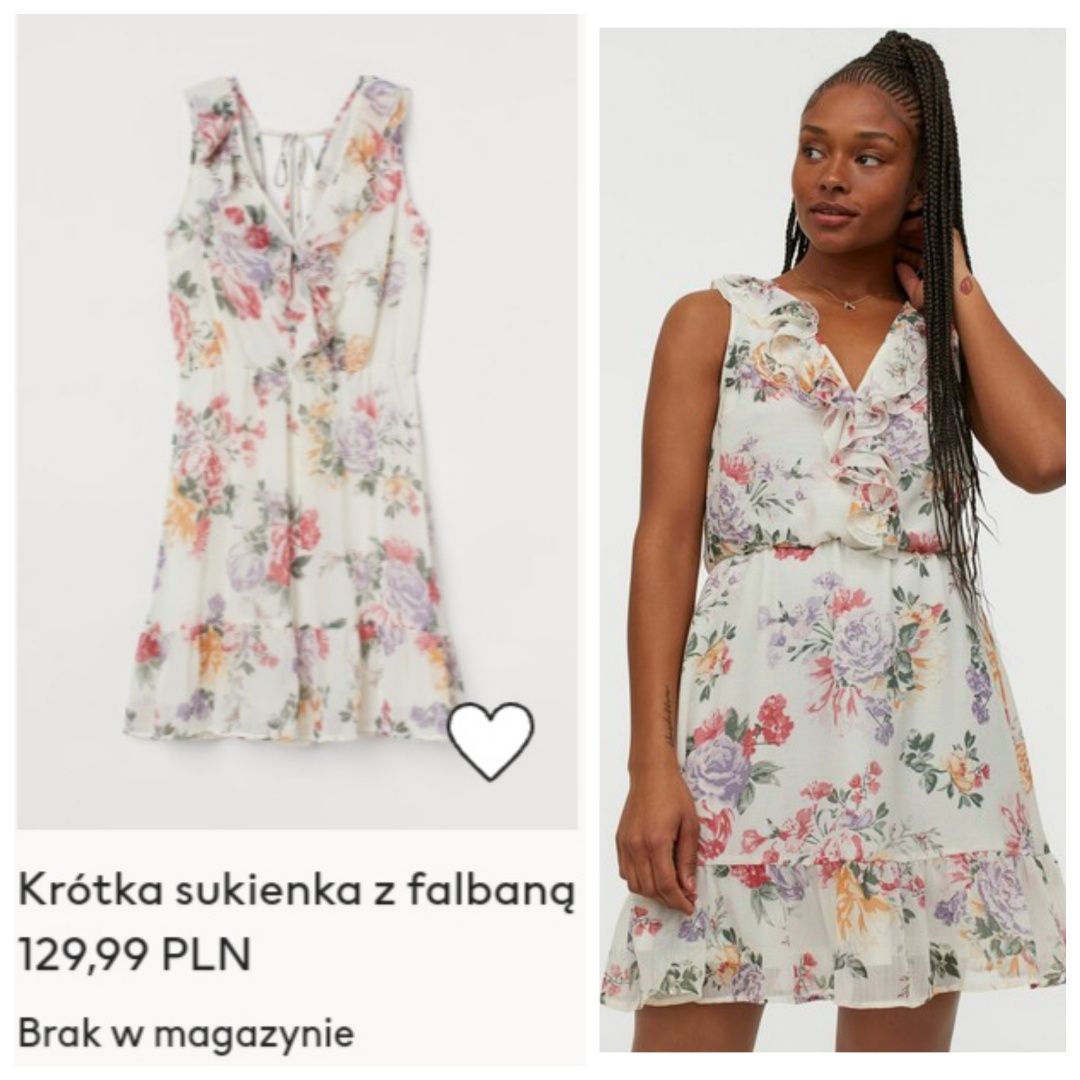 H&M L-XXXL krótka NOWA zwiewna sukienka z falbanką kwiaty kwiatuszki