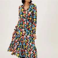 Красивое, натуральное, ярусное миди платье в яркий цветочный принт M&S