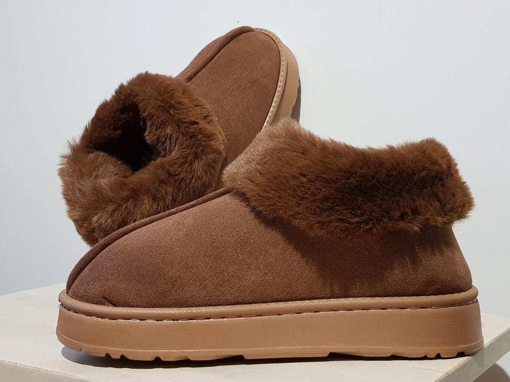 Kapcie zimowe 38-39 na platformie brązowe z cholewką w stylu ugg