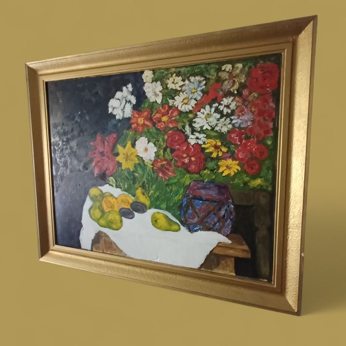 Stary obraz olejny na drewnie martwa natura z kwiatami i owocami