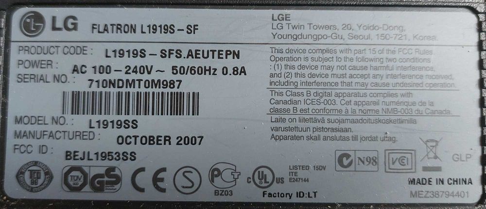 Monitor LG 1919s 19" + Kabel zasilający + kabel VGA