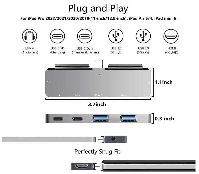Adapter 6 w 1 USB C do iPada Pro 2022/2021 Pro 11/12,9 HDMI USB 3