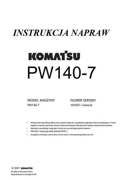 Instrukcja Napraw Komatsu PW 140 - 7 PL