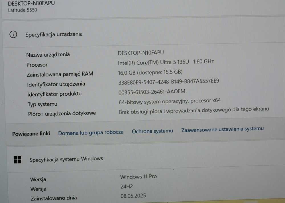 Dell Latitude 5550 Core Ultra 5 135U 16G Intel UHD 512GB NFC FHD W11 P