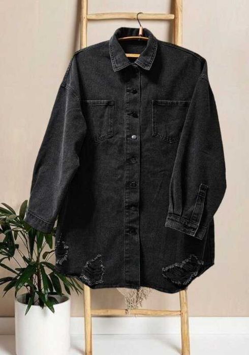 Джинсовый удлиненный пиджак-куртка оверсайз Shein графит