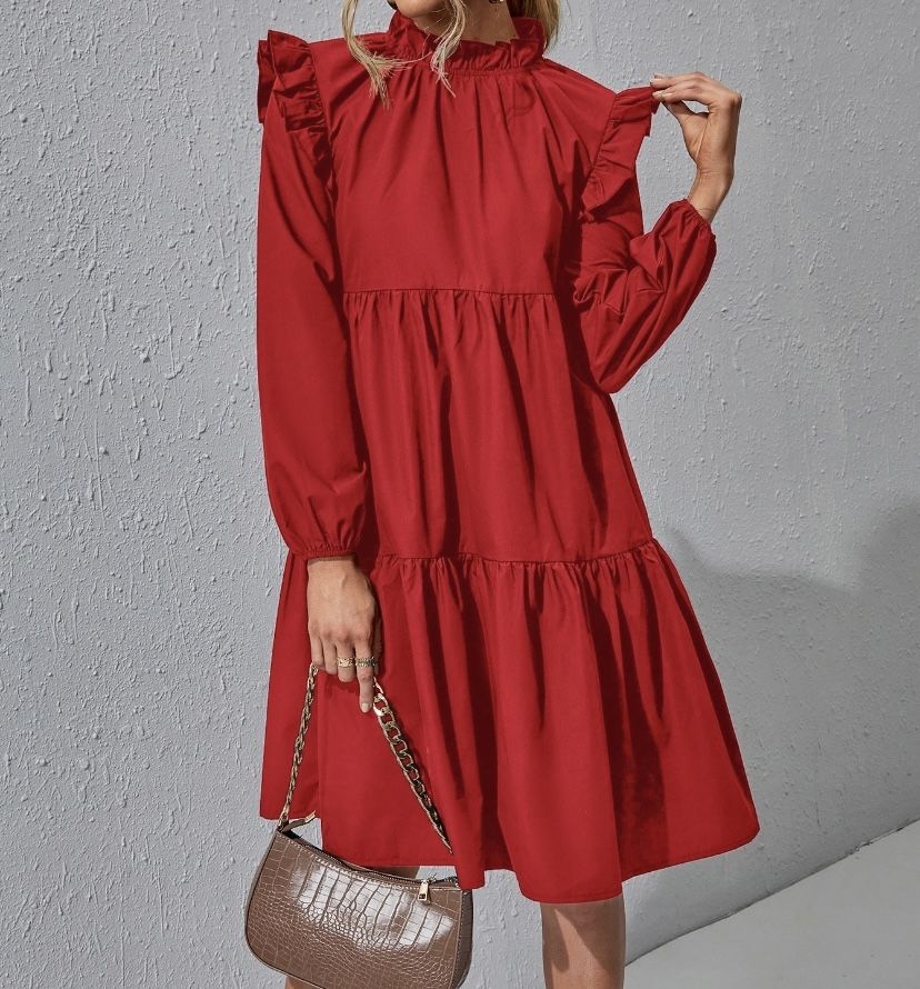 Shein L/XL 40/42 czerwona sukienka z długimi rękawami i falbanami