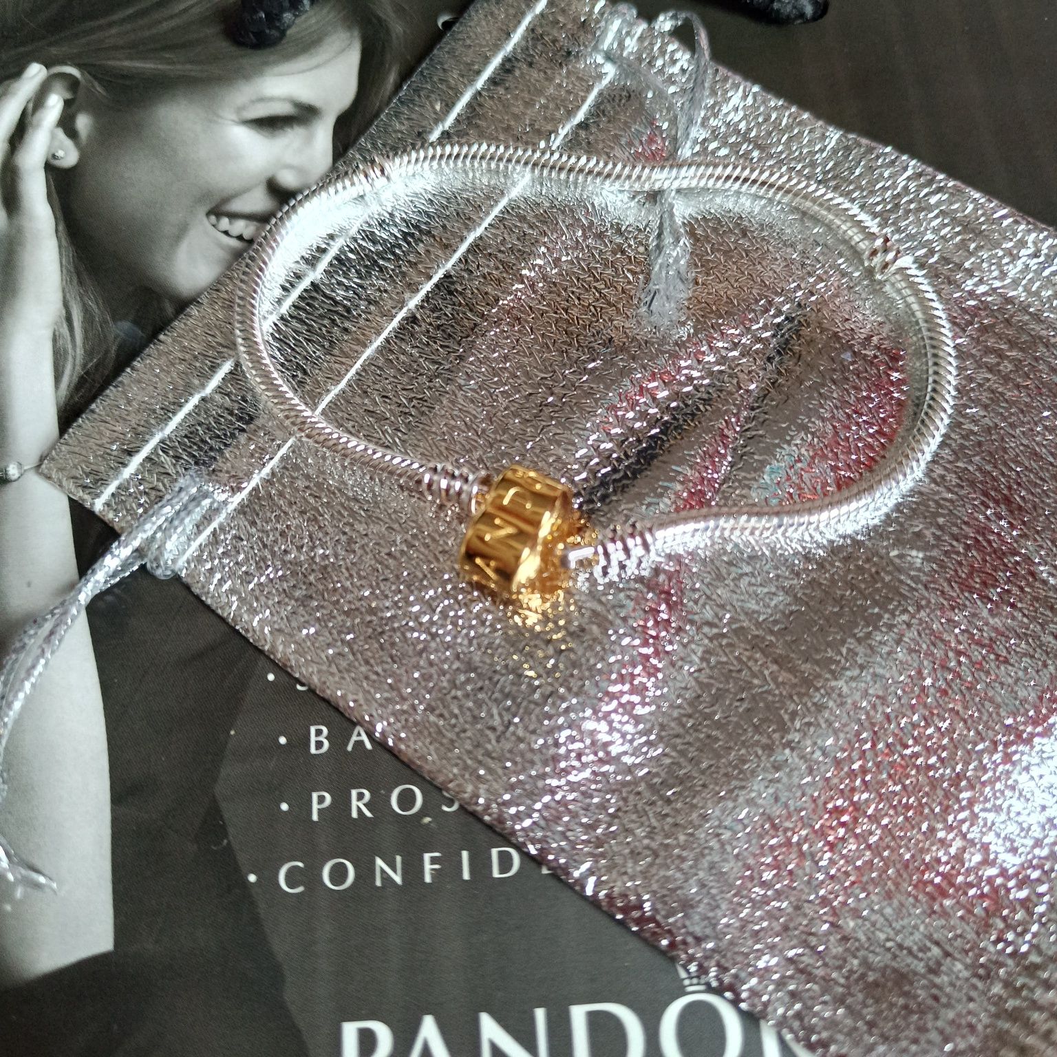 Nowa bransoletka modułowa złote zapięcie  logo Pandora s925 ALE 20 cm
