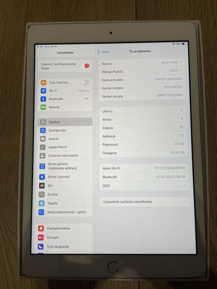 iPad 10,2” 8th gen 32GB wifi jak nowy