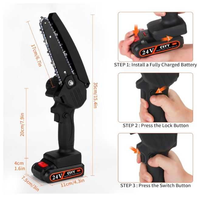 Mini piła łańcuchowa 6" z 2 akumulatorami 2000mAh + walizka