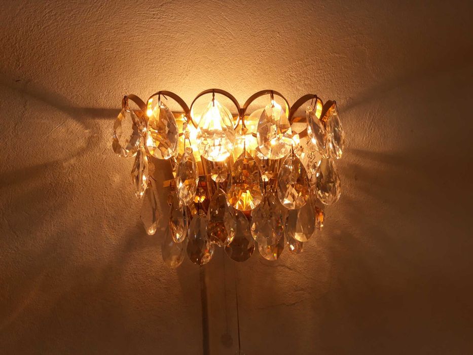 Kinkiet mosiężny kryształowy kryształowe kryształki z wyłącznikiem