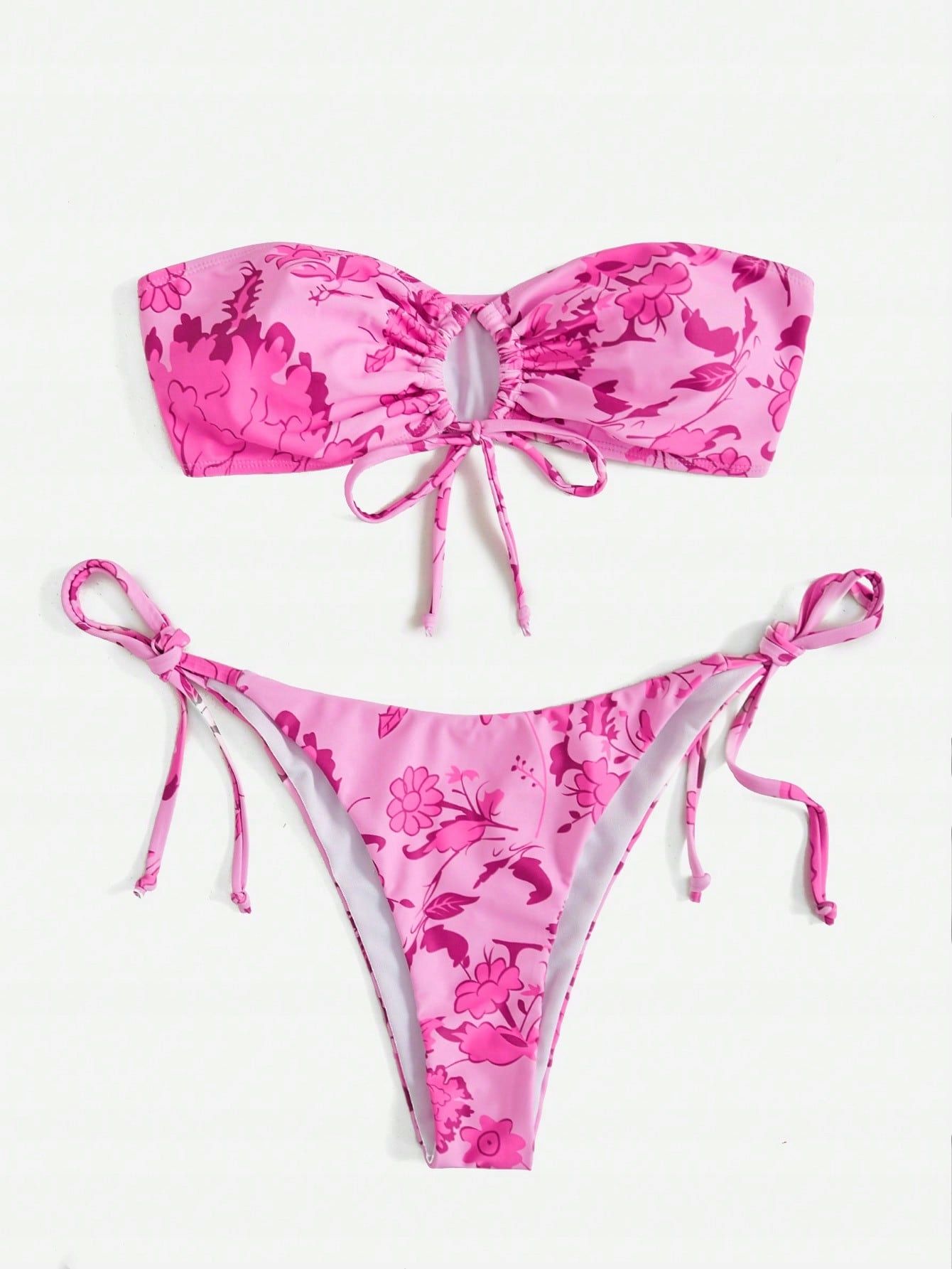 Strój Kąpielowy Bikini W Kwiaty Bandeau Tanga Różowy Shein S 36