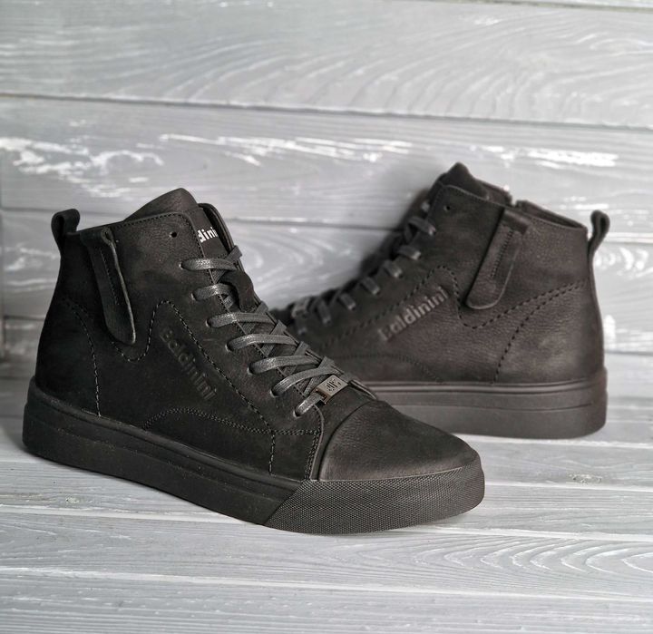 40-48 Мужские кожаные зимние черные коричневые ботики мех байка змейка