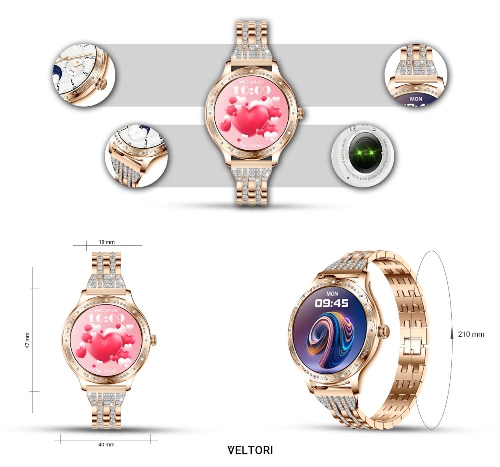 Elegancki Smartwatch damski złoty cyrkonie rozmowy IPhone Android