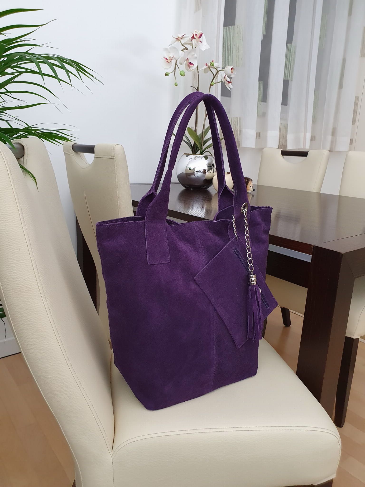 VERA PELLE torebka zamszowa worek shopper z saszetką V093 oliwkowa