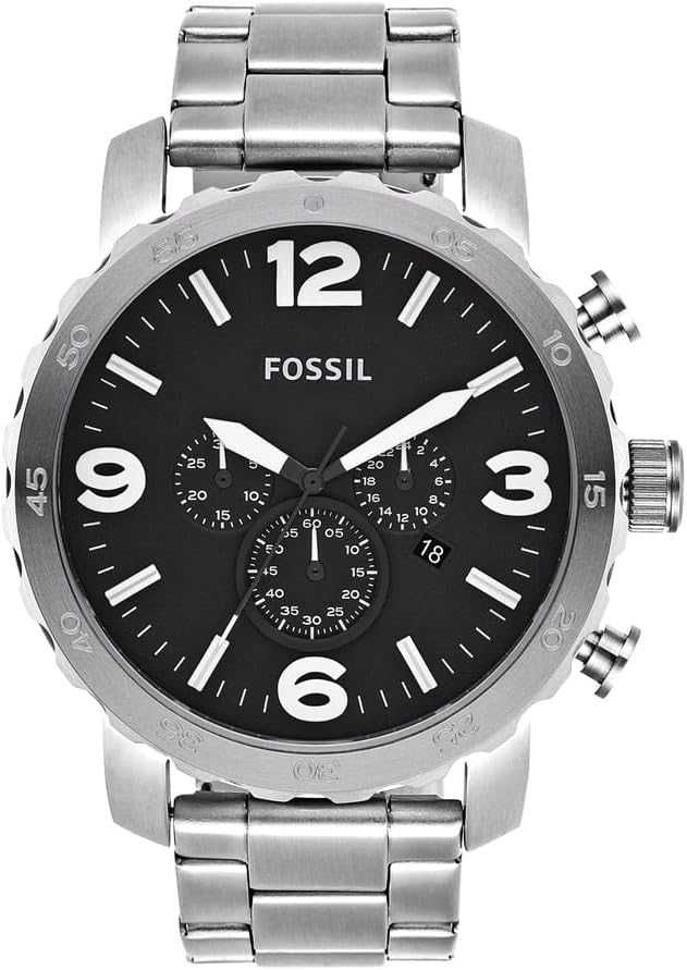 Fossil Męski Nate Jr1353 Zegarek na Rękę, Srebrny/Czarny, Ø 50 mm
