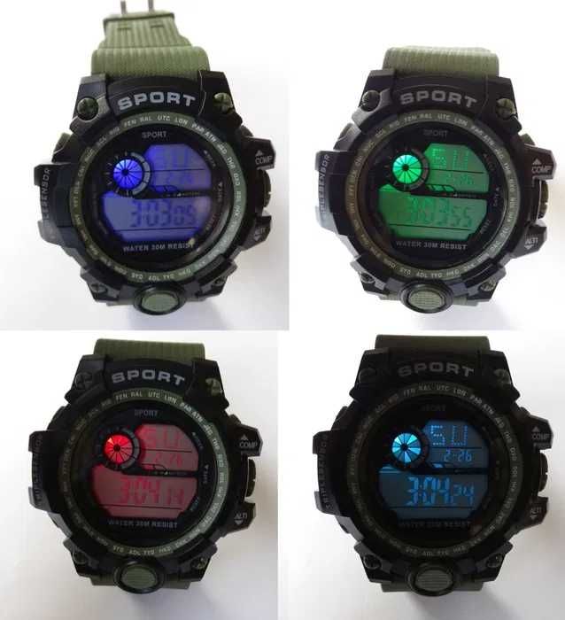 Wojskowy zegarek męski zielony elektroniczny sportowy + wisiorek motor