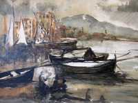 pintura em óleo sobre tela - paisagem marítima com barcos