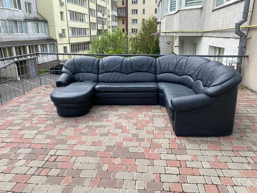 Шкіряний кутовий диван, П-подібний, синього кольору! Розкладний!