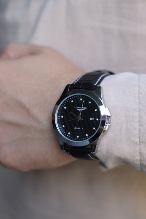 Мужские наручные часы LONGINES серебристые Кожаный ремешок Время Дата