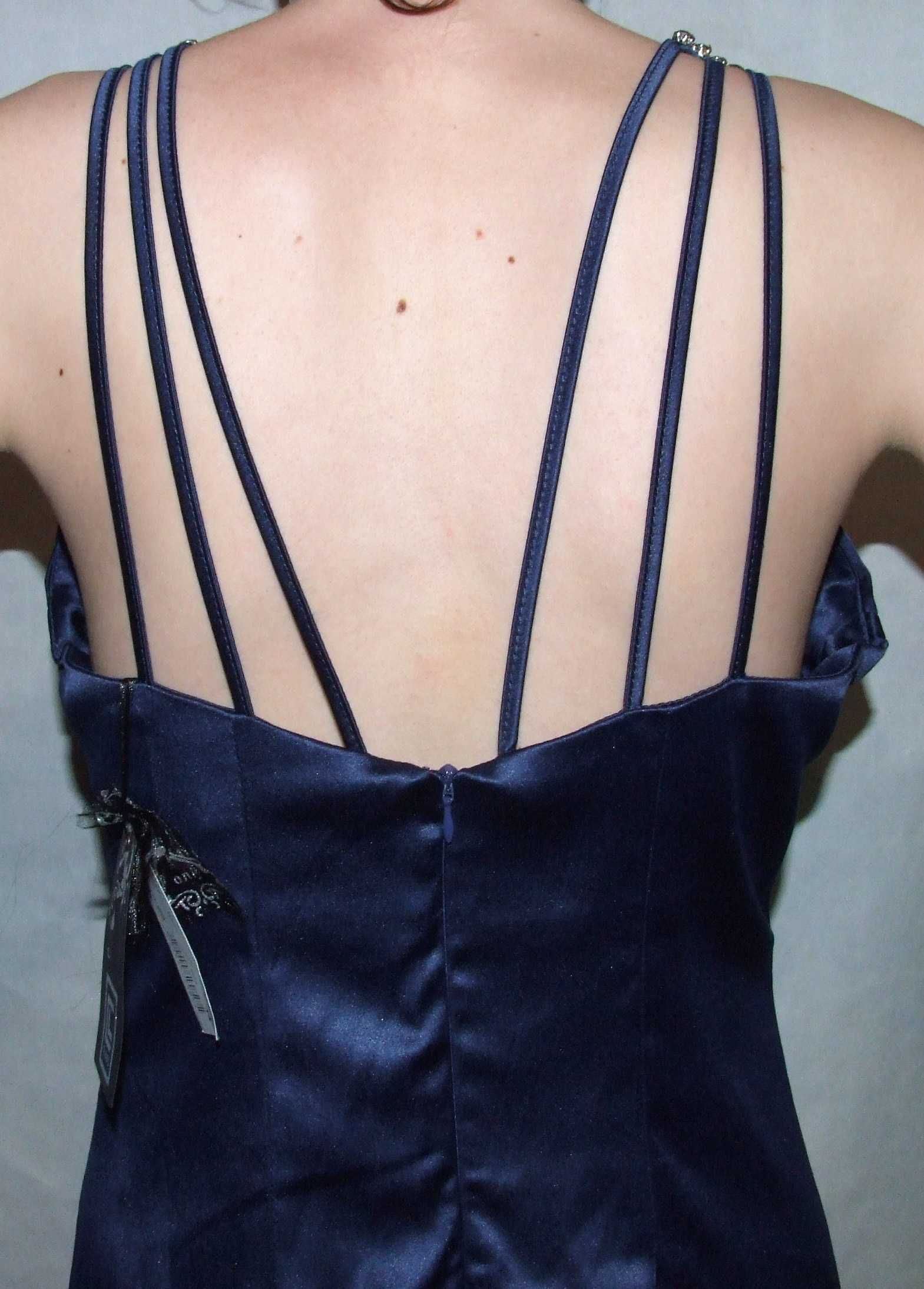 Club L sukienka satynowa navy blue cyrkonie ślub chrzciny 42