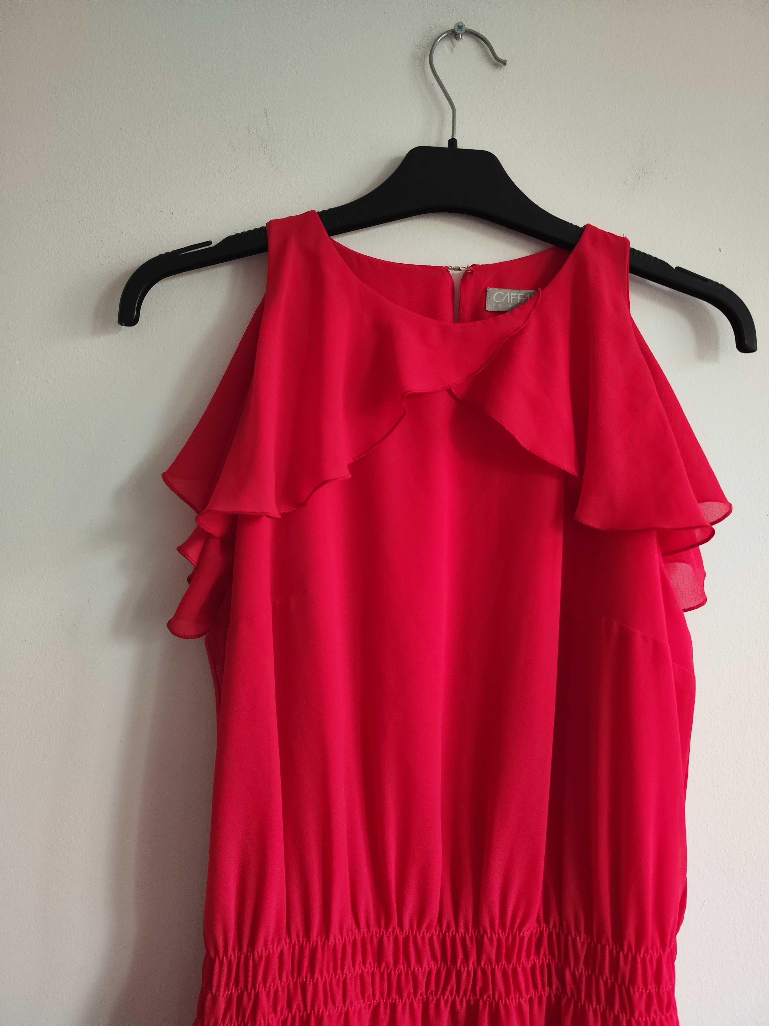 Różowa Sukienka Midi z Falbankami M Caffalla