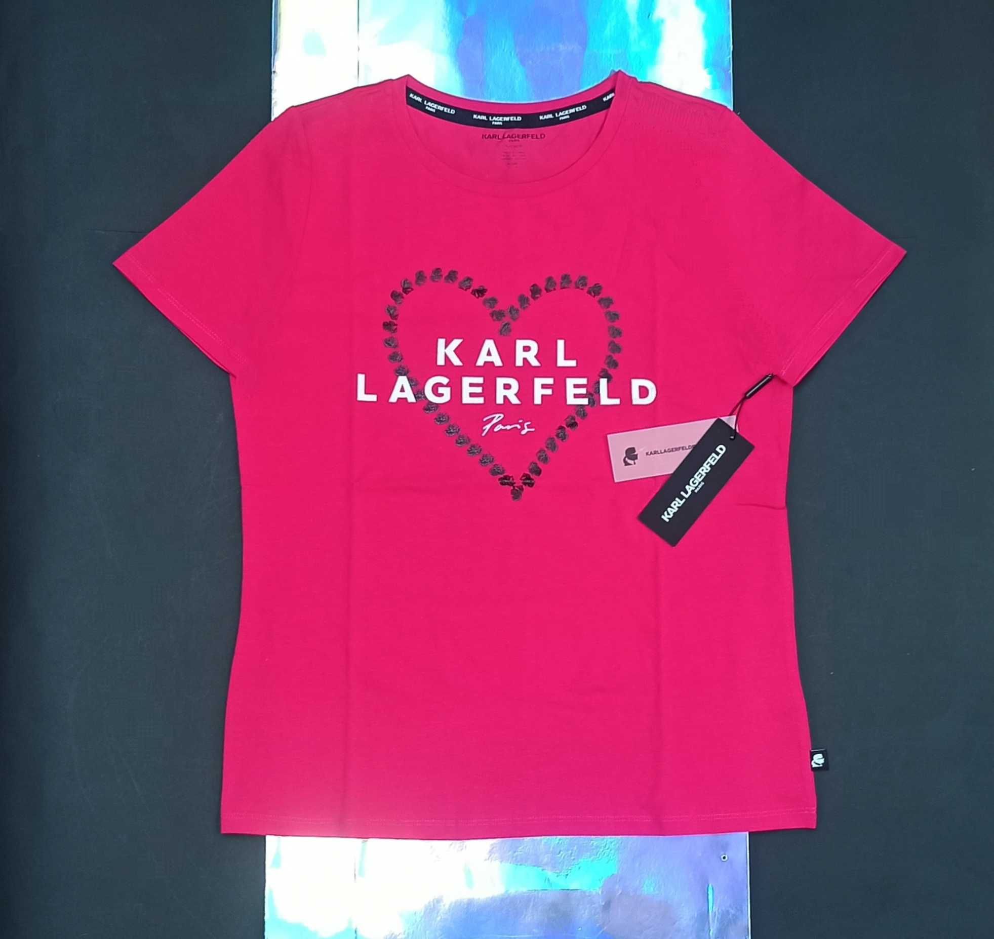 KARL LAGERFELD Oryginalna Koszulka T-Shirt Bluzka Serce Profil Różowa