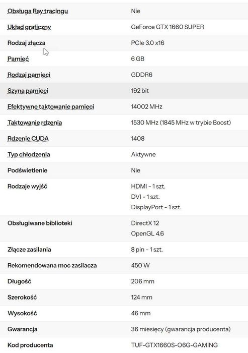 ASUS GeForce GTX 1660 SUPER TUF Gaming OC 6GB GDDR6 - Używana